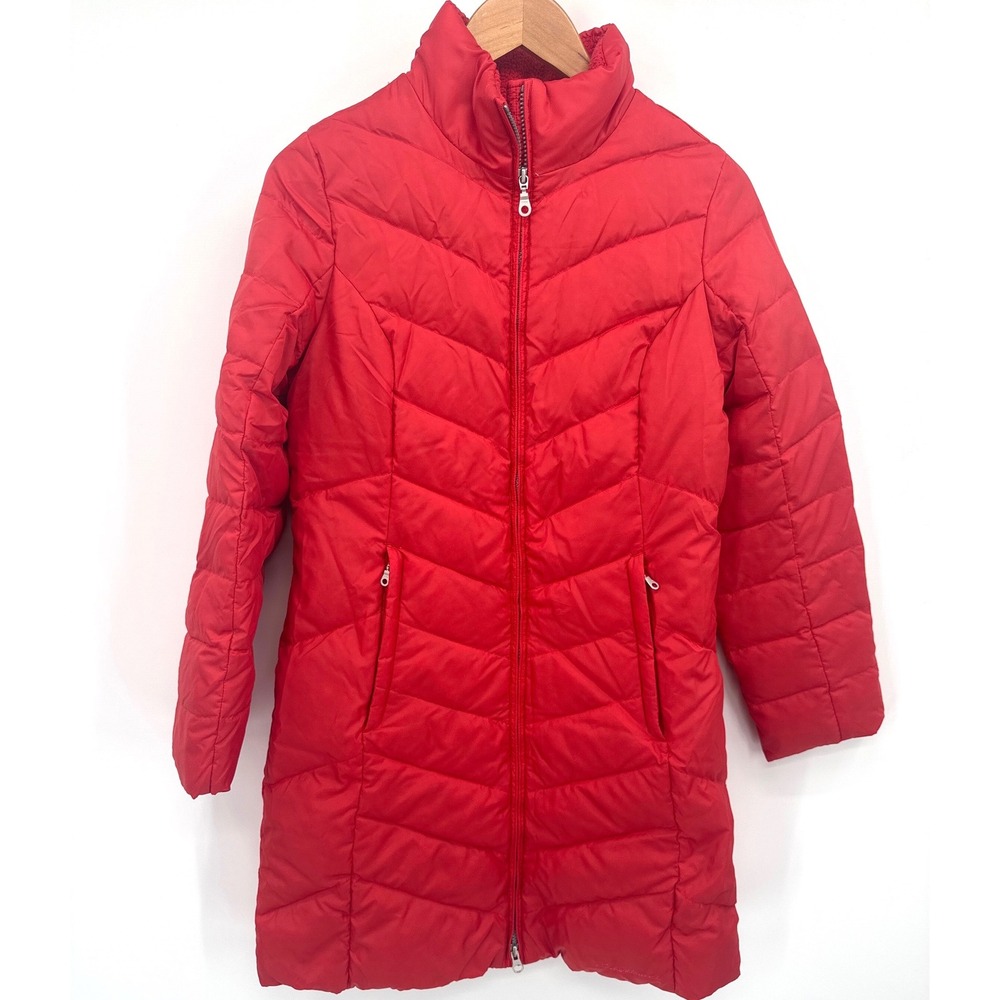 Eddie Bauer Womens Puffer Parka PXS Red EB550 Down Quilted Chevron Coat